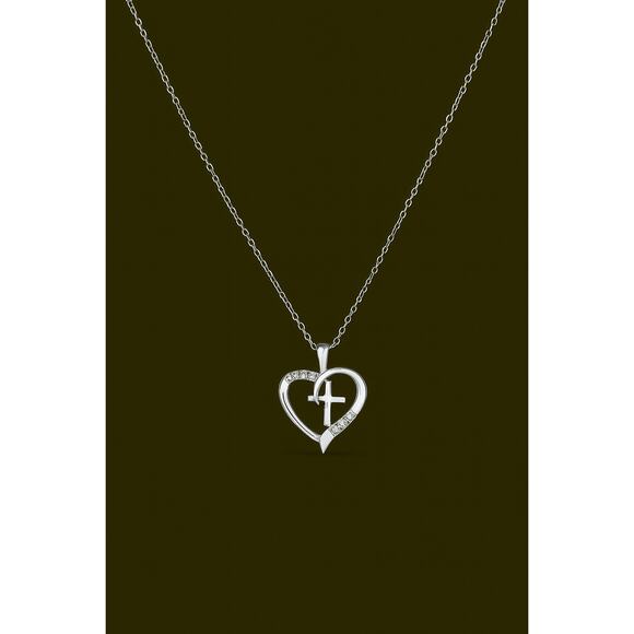 Diamond Heart Cross Necklace Sterling Silver Lab Grown Diamond Pendant Religious - Picture 3 of 5